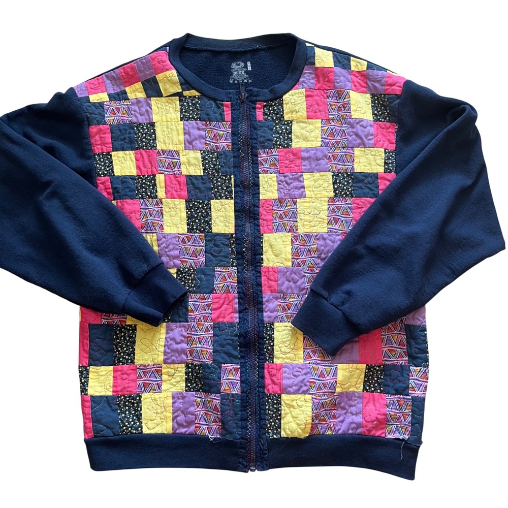 VTG Fruit of the Loom Best Quilted Patchwork Full Zip Sweatshirt Navy Blue Large